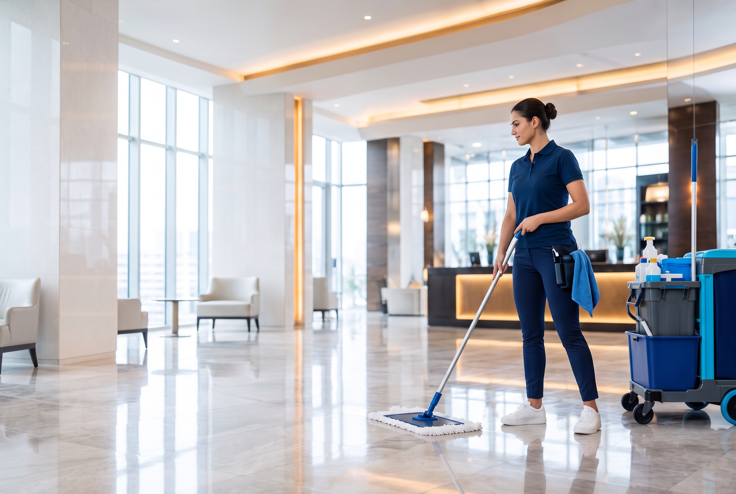 Professionelle Reinigung in einer modernen, hellen Lobby